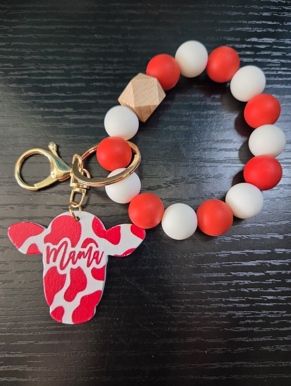 Mama Red & White Beaded Keychain Bracelet